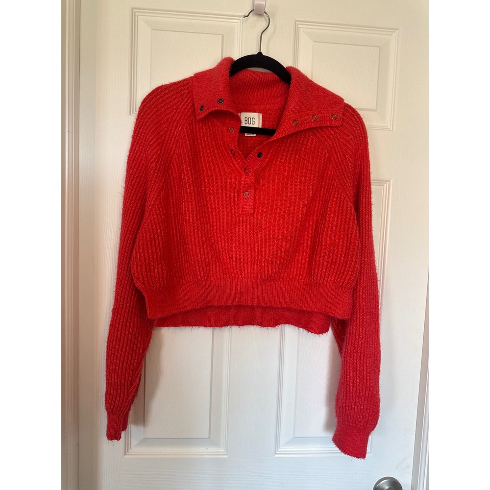 BDG Urban Outfitters Red Ribbed Cropped Henley Sweater Snap Neck Small